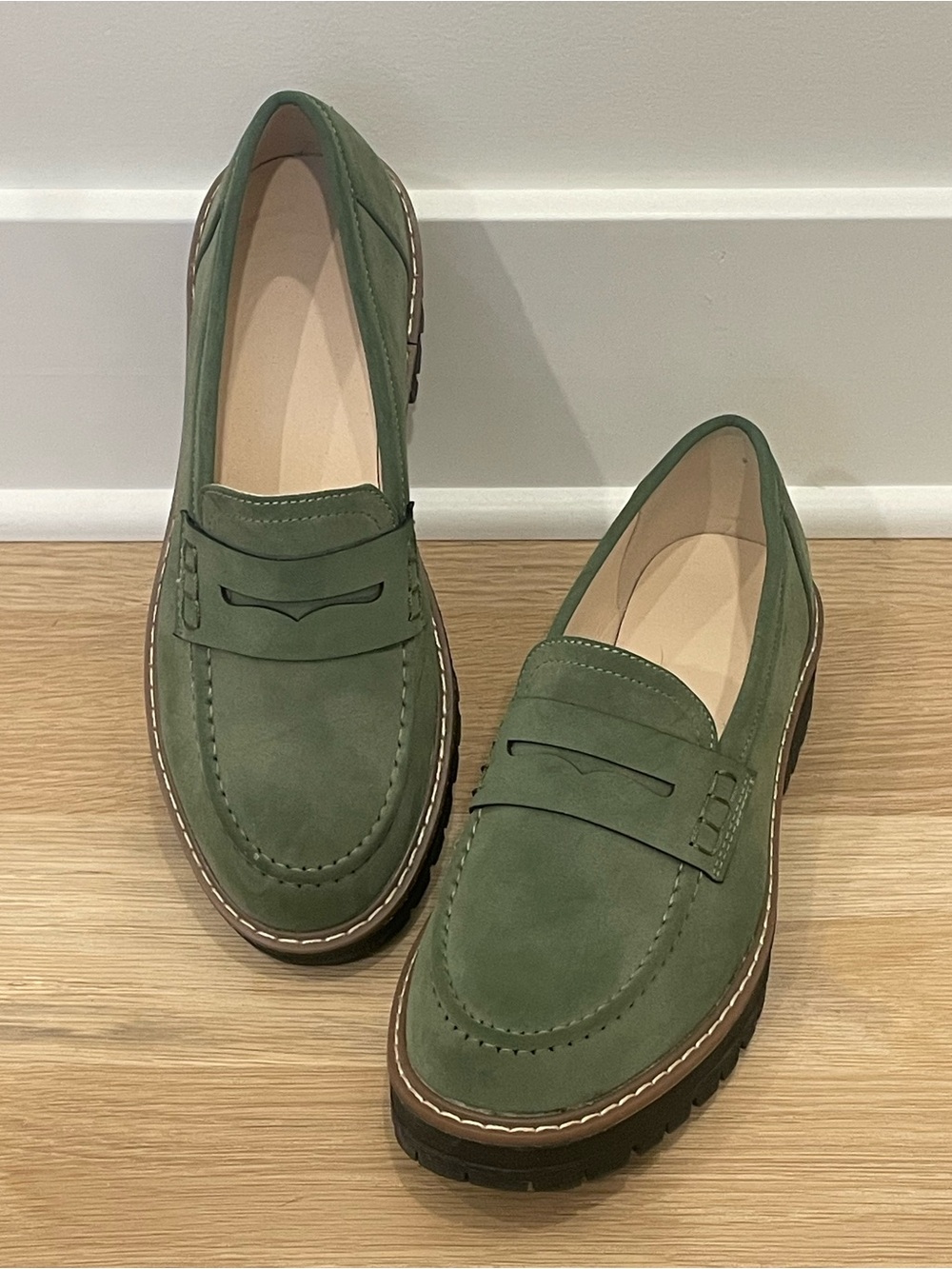 Green Suede Penny Loafers Lug Sole size 7